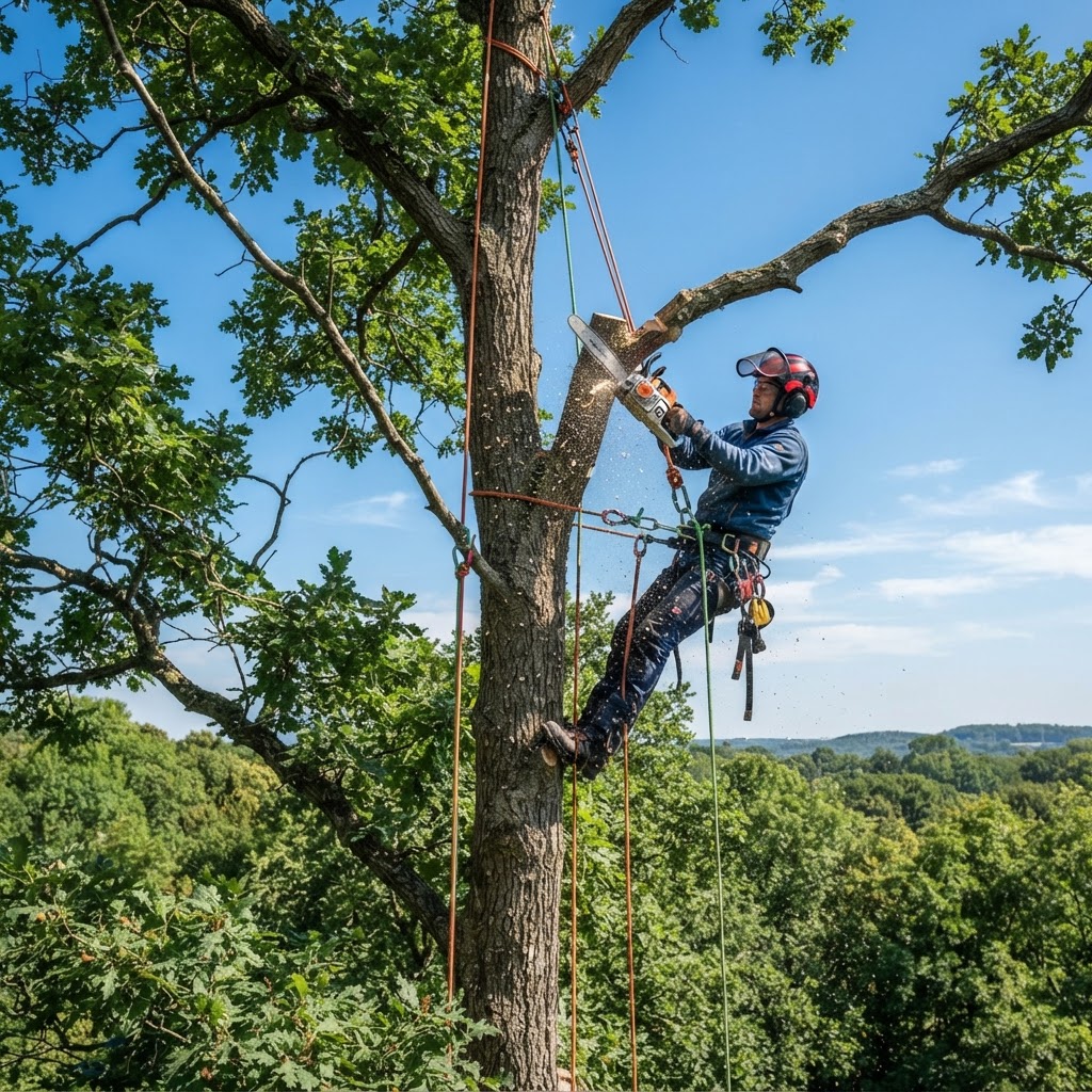 Arbortysta w koronie tnący wierzchołek drzewa