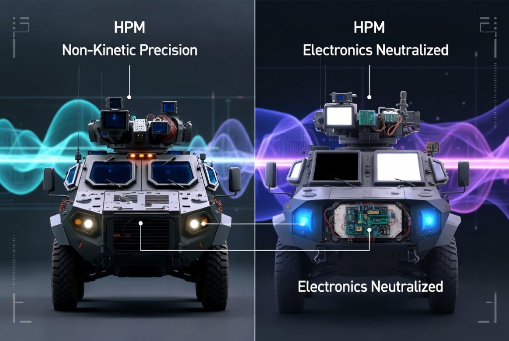 Discombobulator™ HPM non-kinetic precision strike — tactical vehicle electronics neutralized before and after high-power microwave directed-energy engagement for electronic warfare