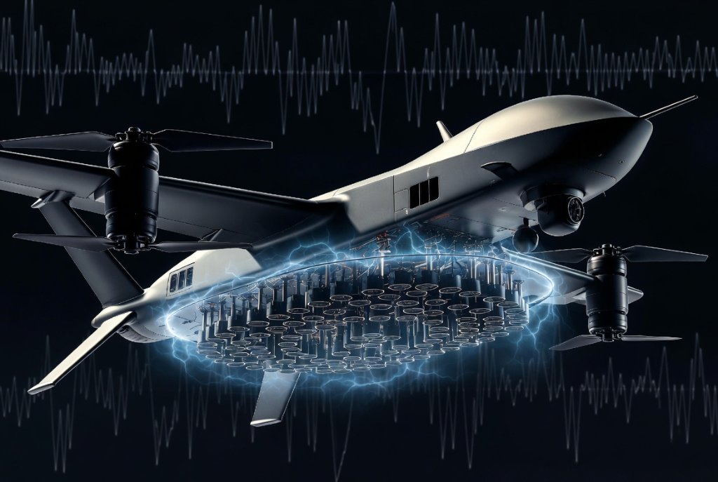 Discombobulator™ drone-mounted HPM weapon pod emitting microwave beam — high-power microwave directed-energy electronic warfare system for attack drones and counter-drone operations