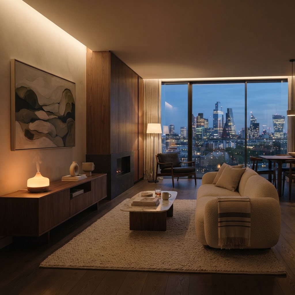 A minimal apartment with warm evening light