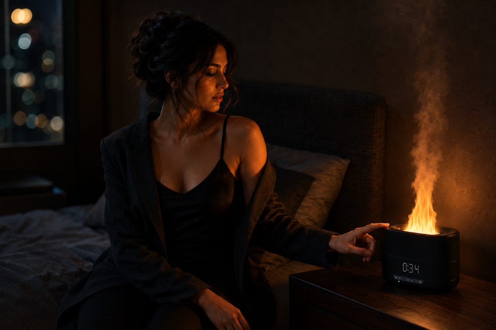 RELICR 5-in-1 Flame Diffuser glowing in an evening setting