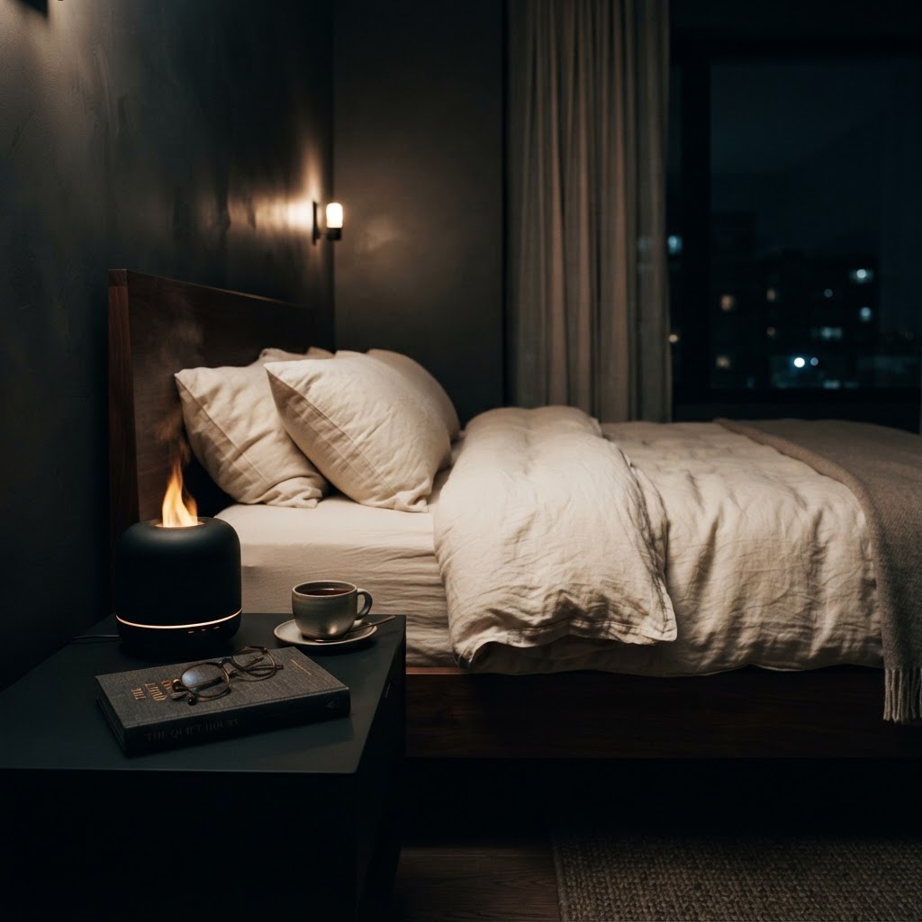 A calm bedroom at night with warm amber flame glow, soft linen, a book and tea