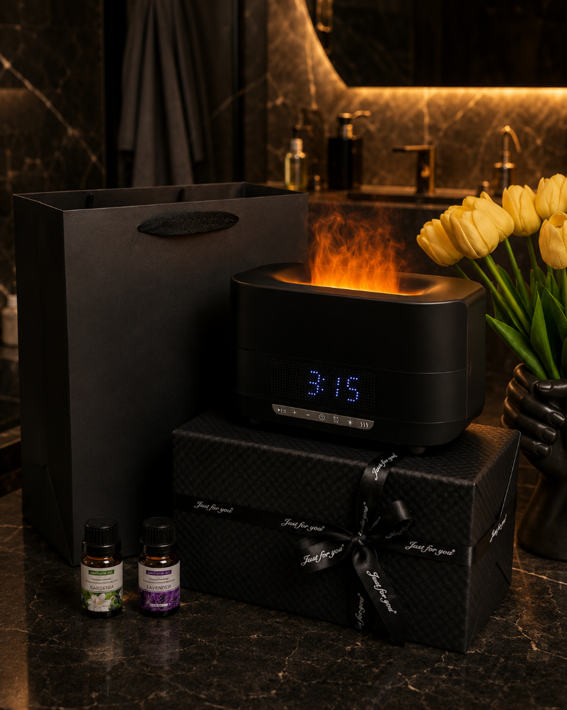 RELICR premium evening gift box with terracotta ribbon and ambient glow