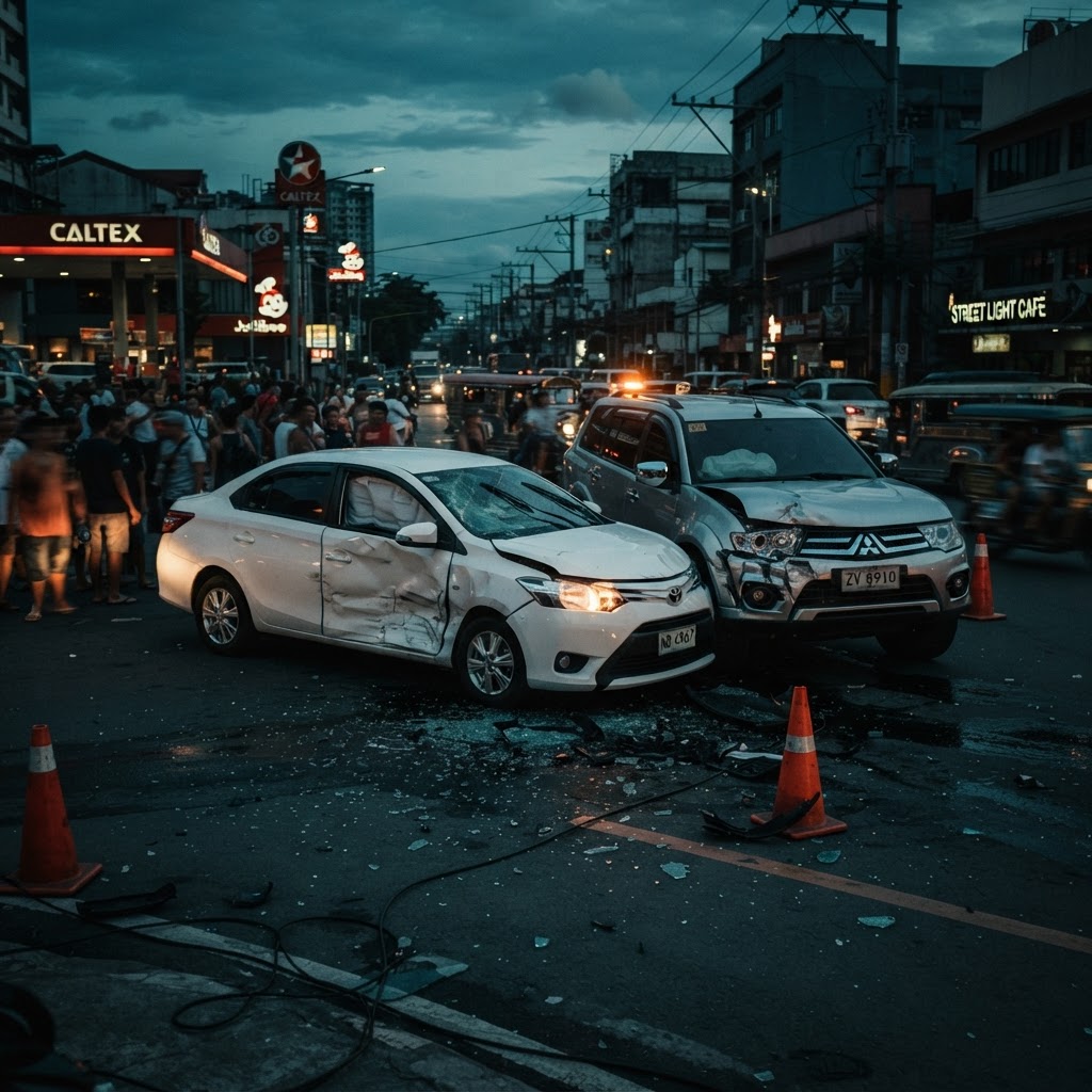 Two private vehicles damaged in a collision at a Philippine city intersection