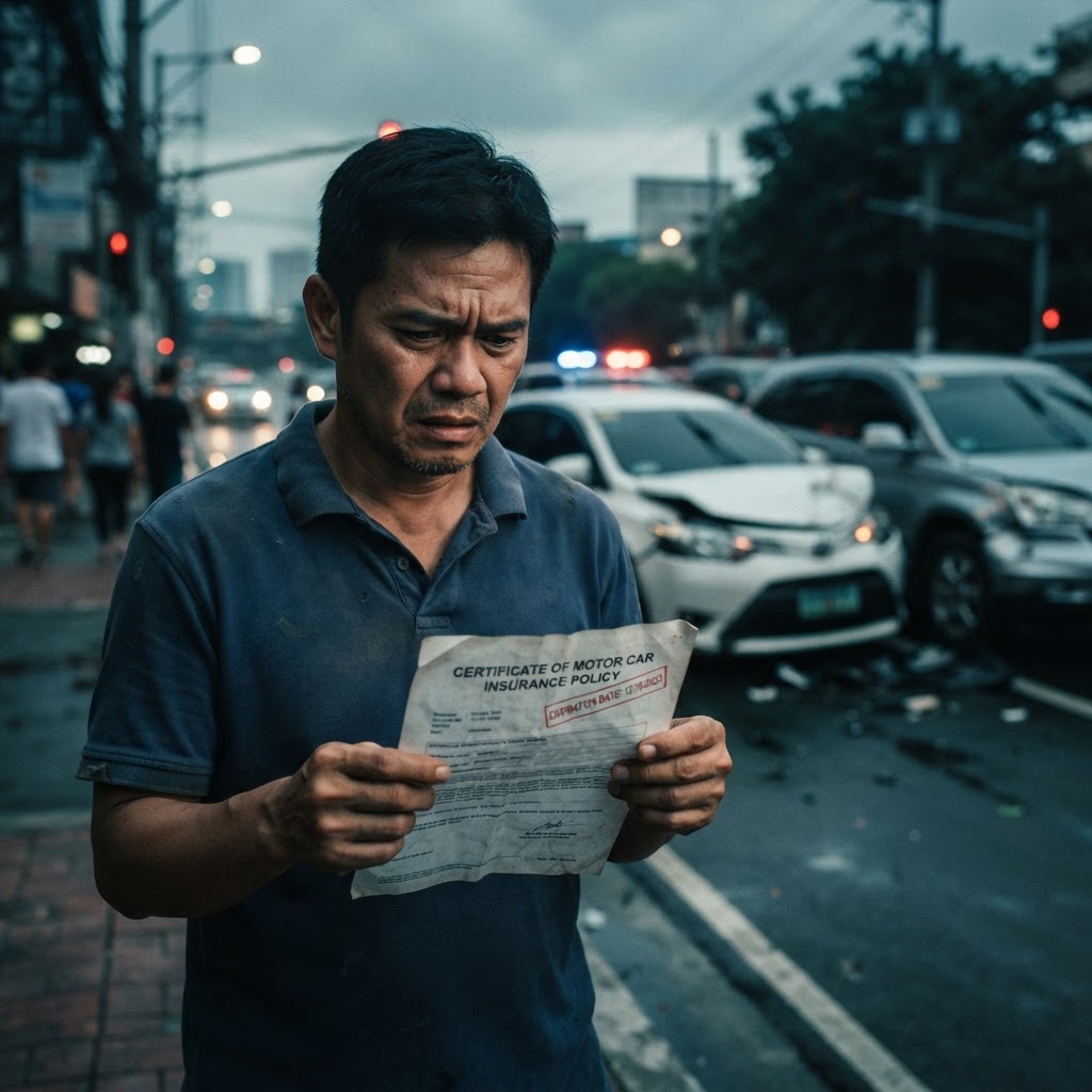 Worried Filipino vehicle owner reviewing an expired motorcar insurance policy with a collision scene in the background