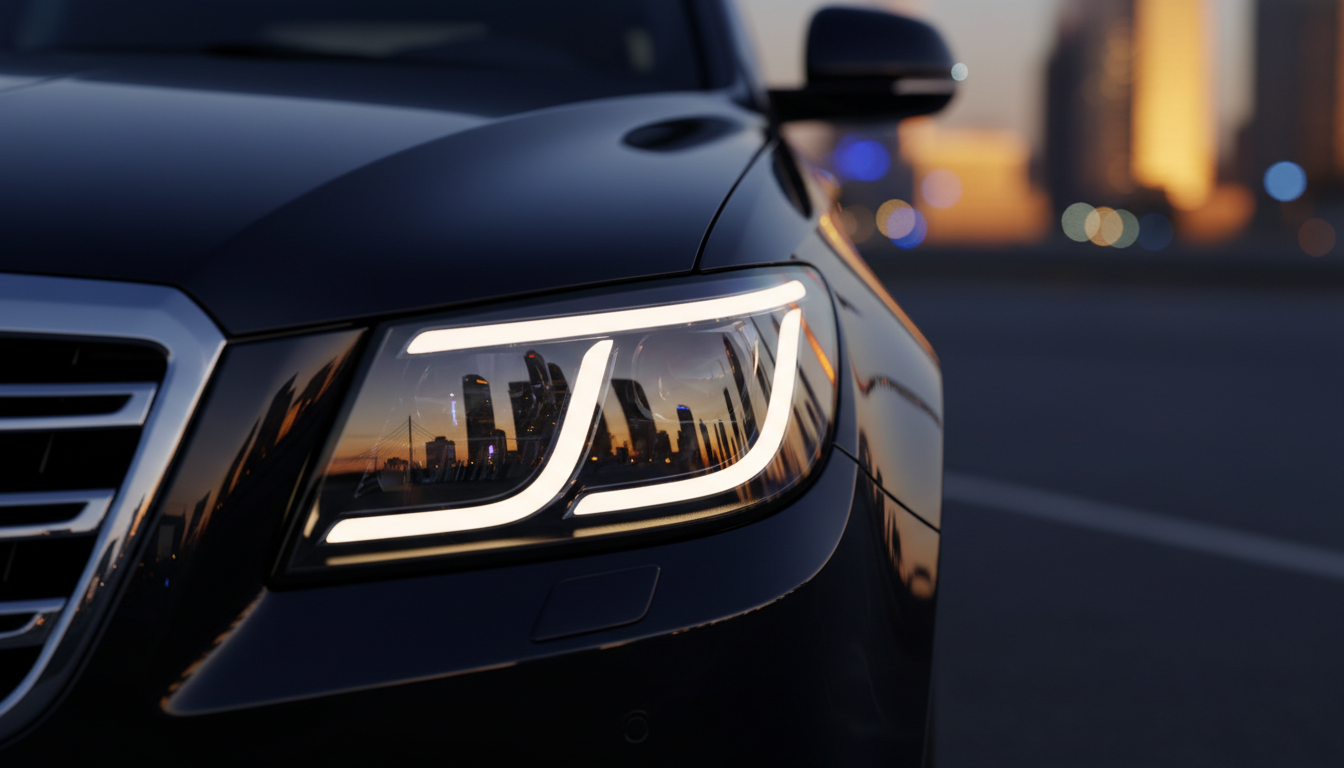 Premium vehicle headlight reflecting city skyline at dusk
