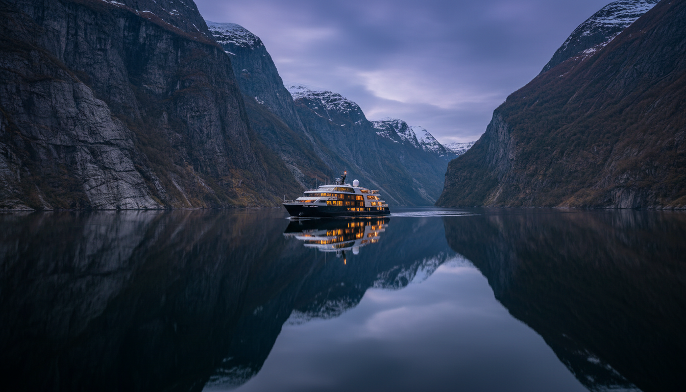 Expedition ship sailing through a Norwegian fjord