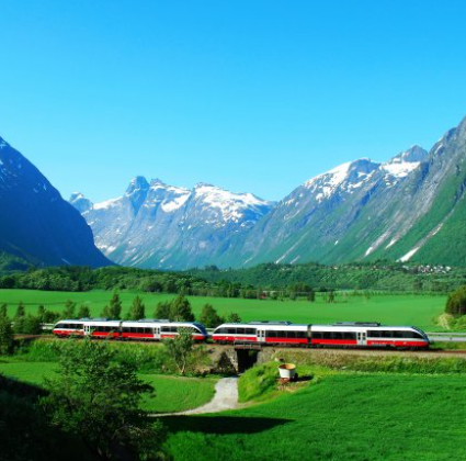 Train Bergen-Oslo Vy Plus through Norwegian valley