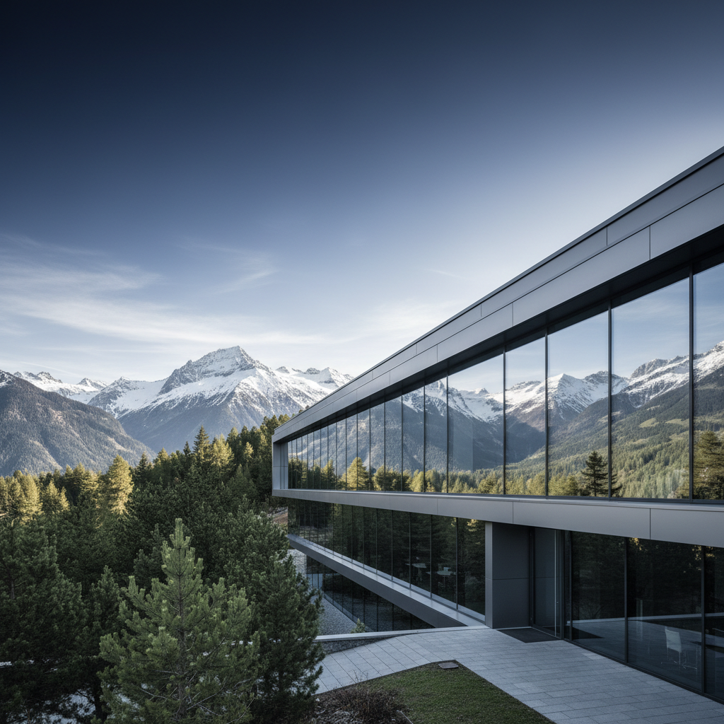 Bureau moderne en verre niché dans les Alpes suisses