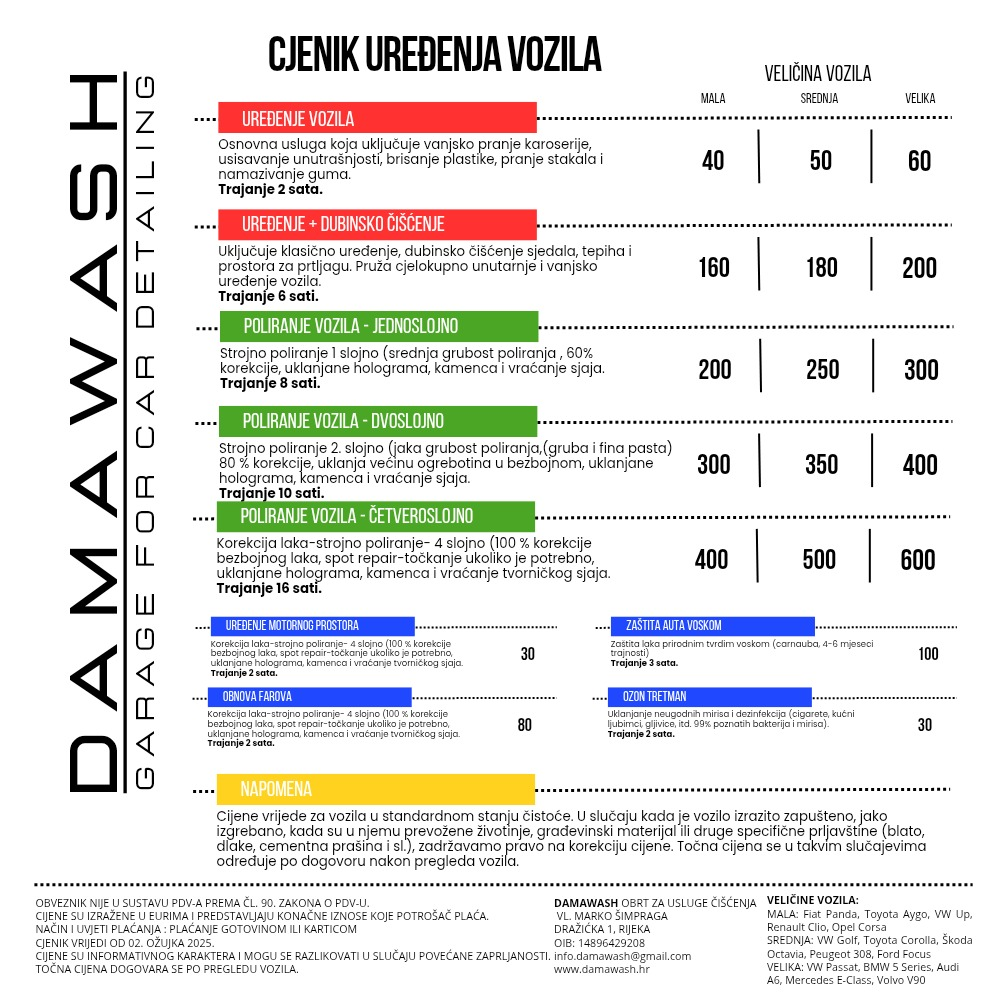 Cjenik uređenja vozila — DAMAWASH Garage