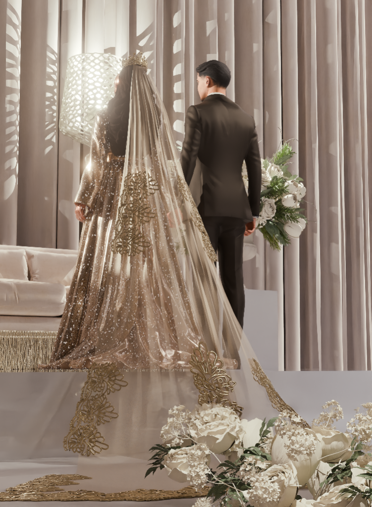 Bride and groom standing together in elegant wedding attire