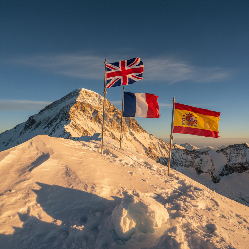 Monte Everest com as três bandeiras dos idiomas