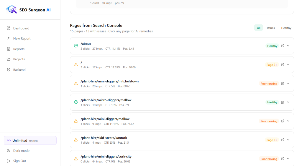 Pages from Search Console table with health status badges, clicks, impressions, CTR, and position for each page