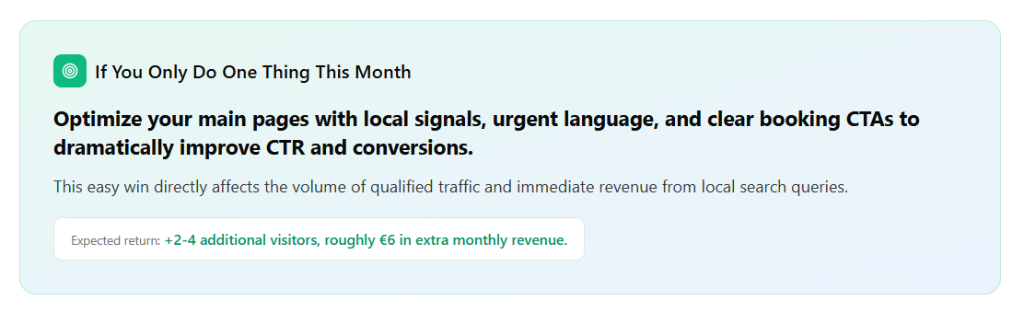 Priority recommendation callout — If You Only Do One Thing This Month — with expected return metric