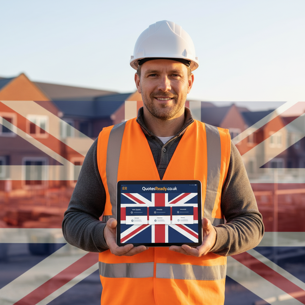 UK tradesman with QuotesReady.co.uk on iPad — professional quoting and invoicing with Union Jack theme