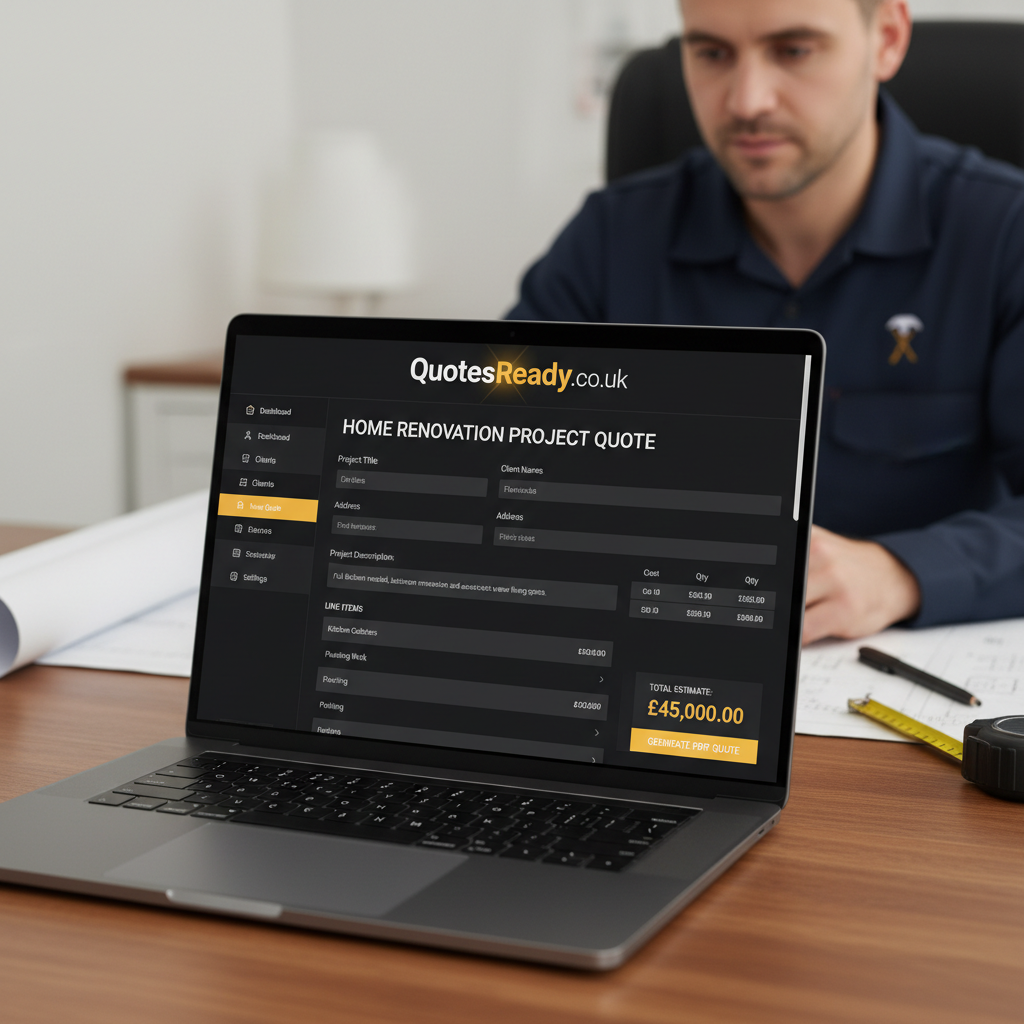 Three Steps to Getting Paid - QuotesReady.co.uk with correct brand colors (Quotes white, Ready yellow, .co.uk white)