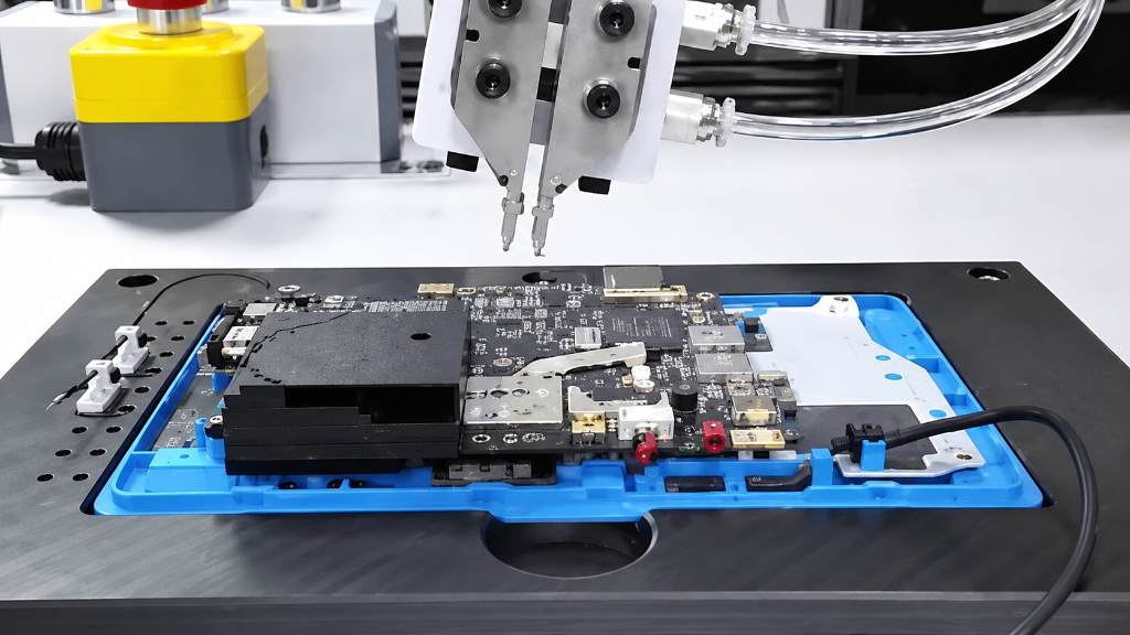 Precision screwdriver head on electronics board
