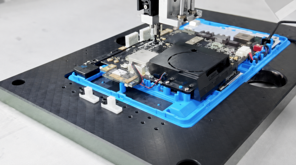 Close-up of dual-probe end-effector contacting PCB test points — sub-millimetre positional accuracy on live hardware