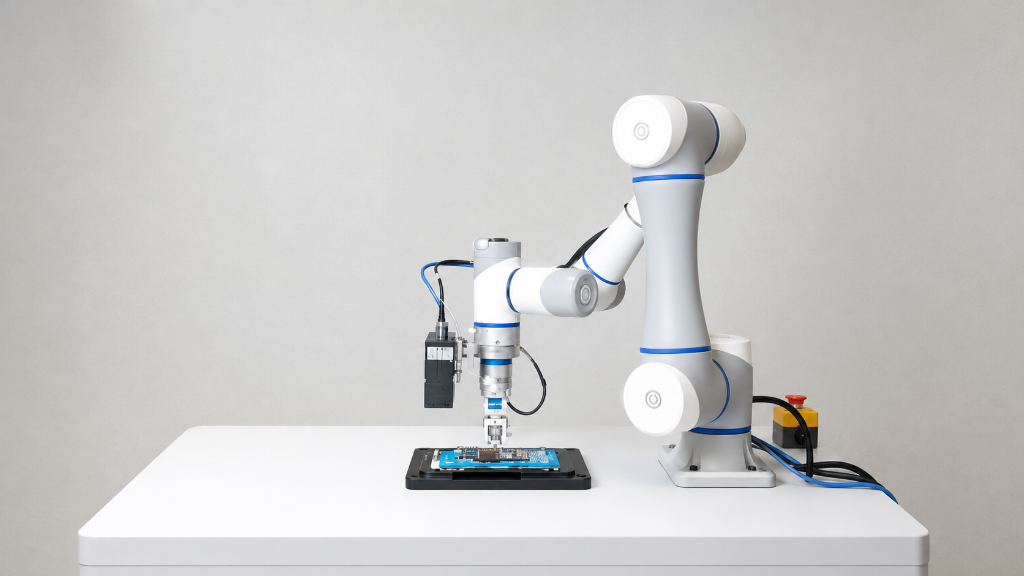 Cobot arm engaging PCB fixture