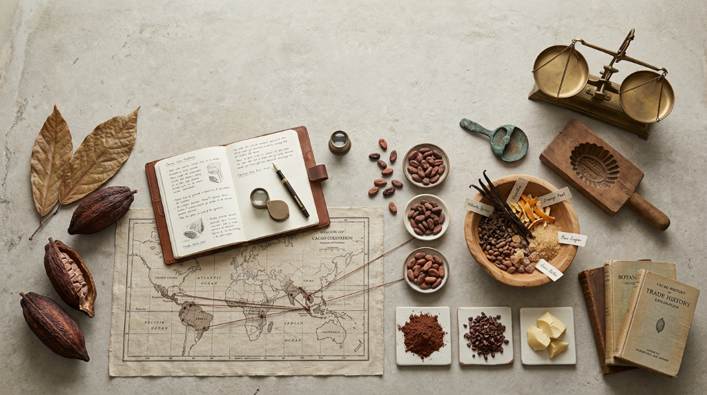 A top-down cacao research still life with cacao pods, an open notebook with sketches, a cultivation map, ceramic bowls of beans, a brass scale, and reference books on a pale stone surface