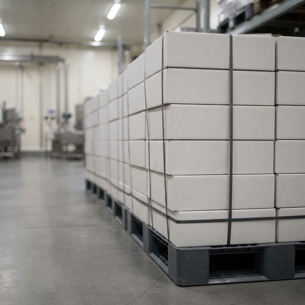 Plain unlabelled sealed shipping cases stacked uniformly on a pallet, seen from a low angle