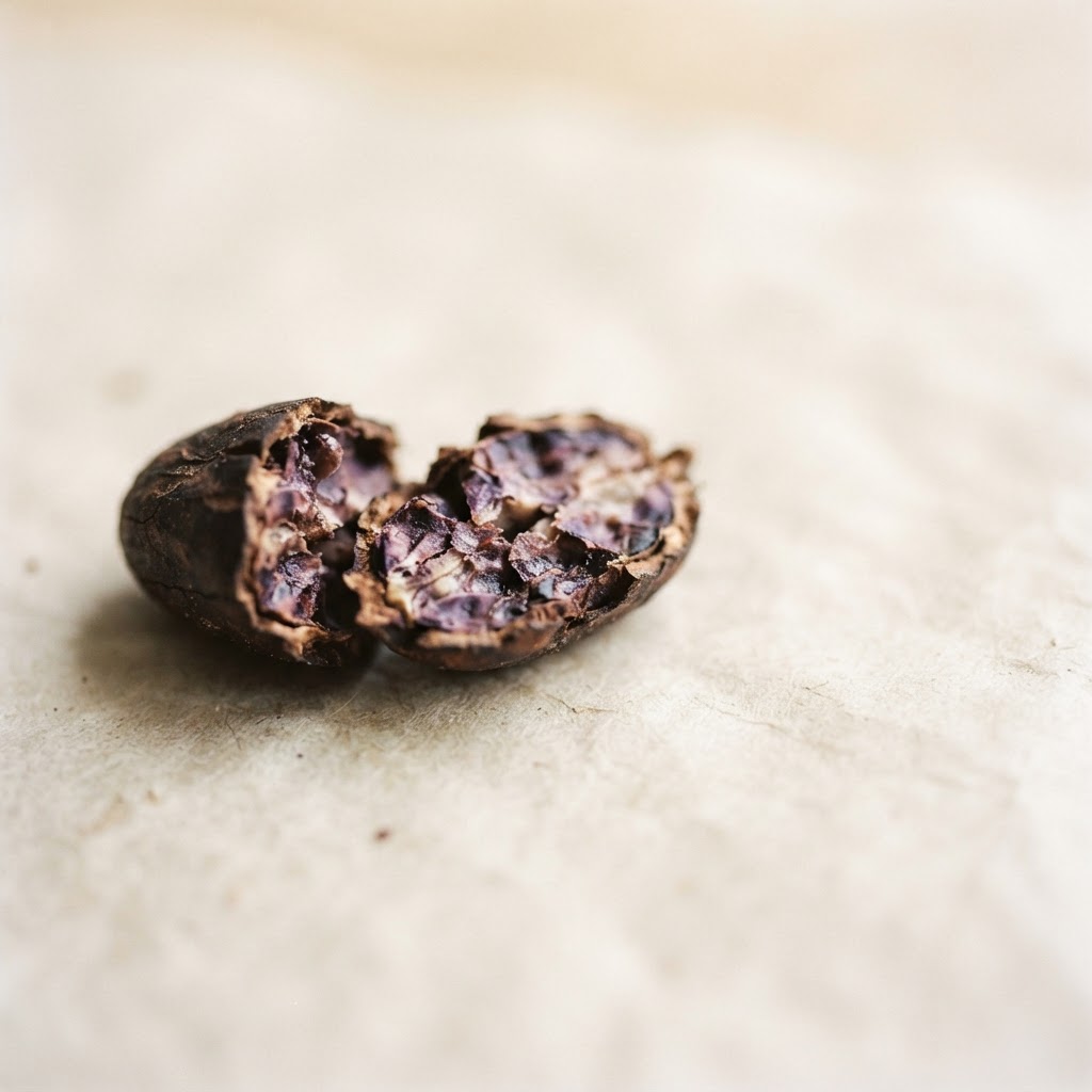 Extreme close-up of a cracked cacao bean on pale parchment paper