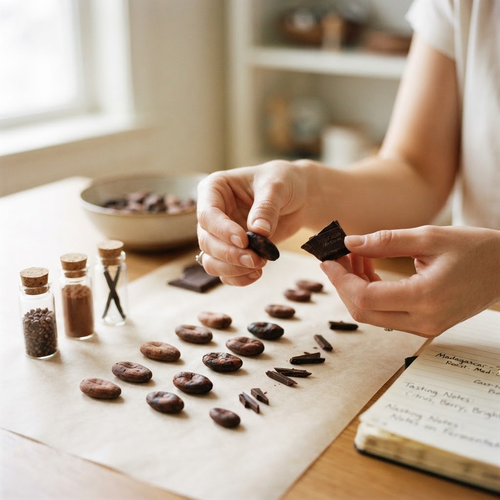 Hands comparing cacao beans and chocolate samples with small glass vessels and notes in natural light