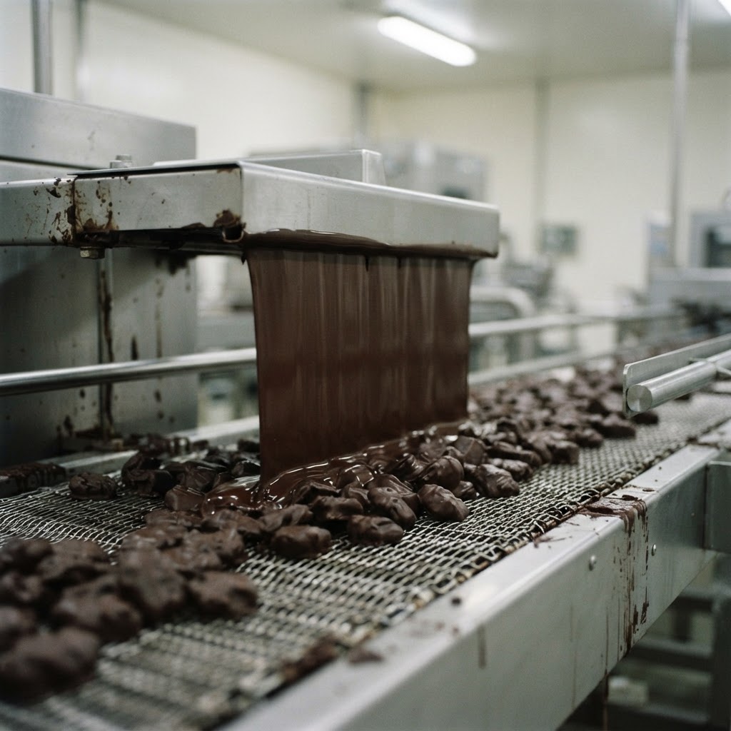Chocolate pieces on a stainless steel mesh conveyor passing beneath a curtain of liquid couverture