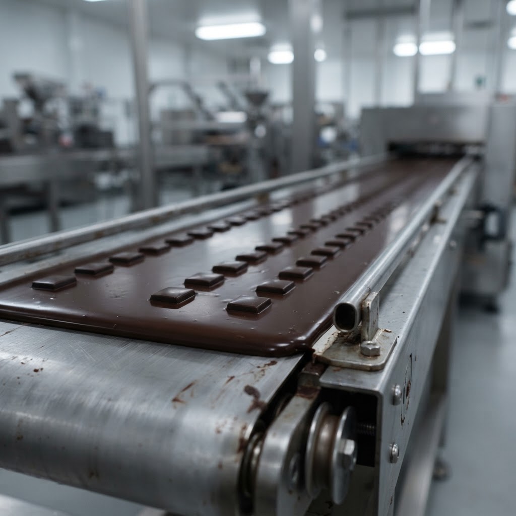 A continuous sheet of tempered dark chocolate on a stainless steel conveyor belt with rows of deposited pieces