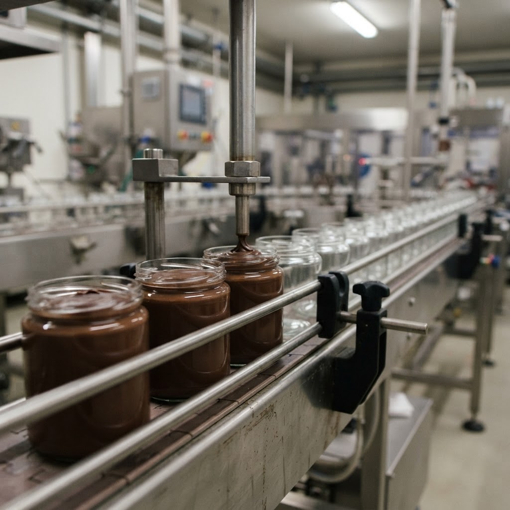 Chocolate spread filling rows of unlabelled clear glass jars on a stainless steel filling line