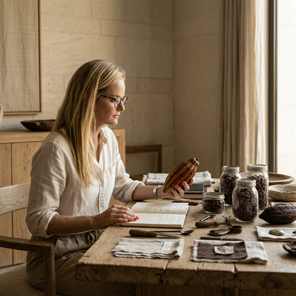 A chocolate maker examining a cacao pod beside an open notebook and glass jars of cacao beans at a wooden worktable in soft natural light