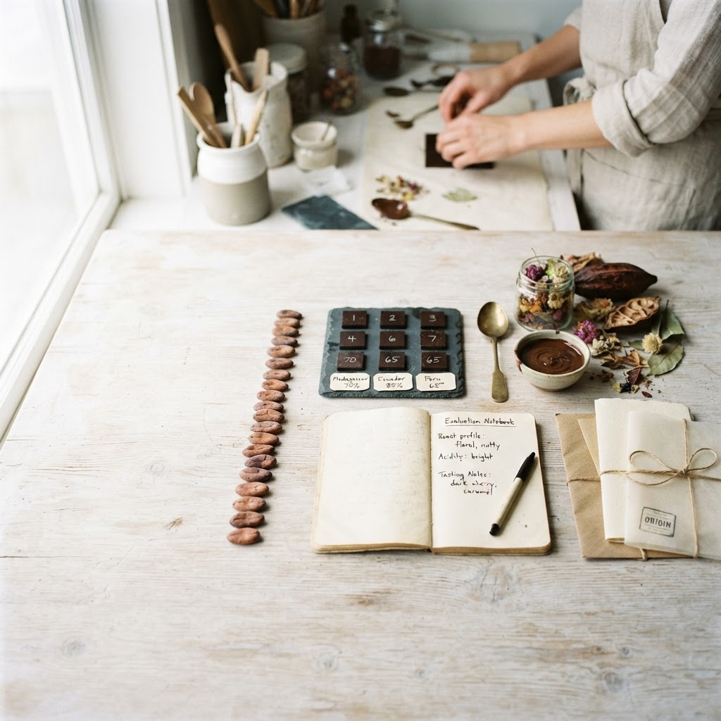 Atelier worktable with cacao beans, chocolate samples, evaluation notes, and tools arranged across a pale surface in natural morning light