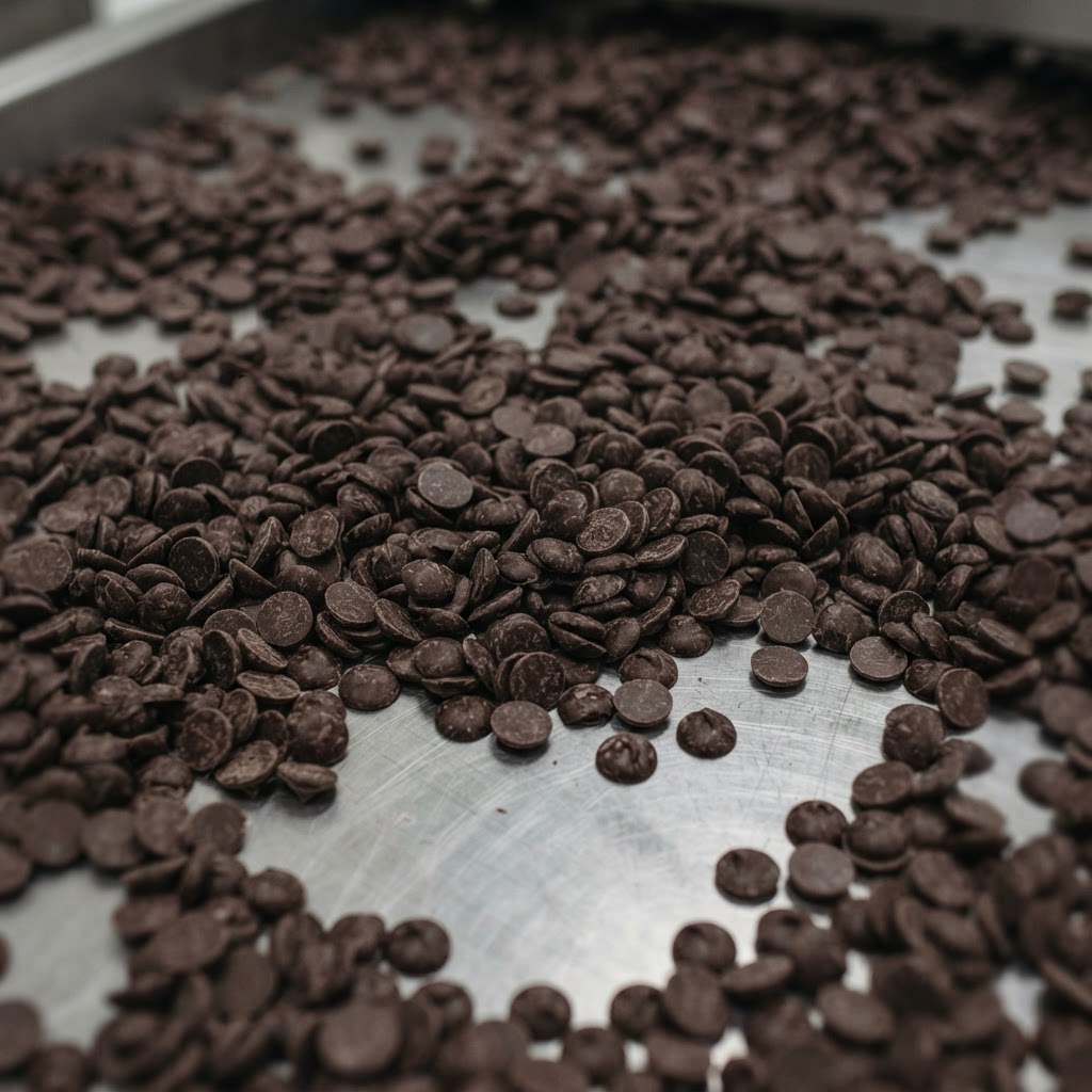 Chocolate callets in bulk spilling across brushed stainless steel