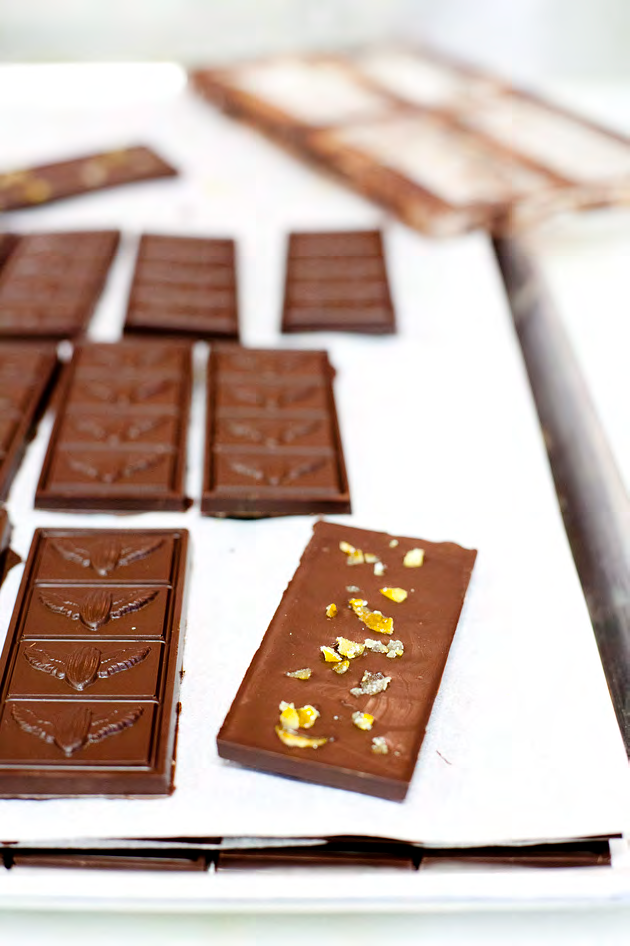 Moulded chocolate bars set on parchment during a production run