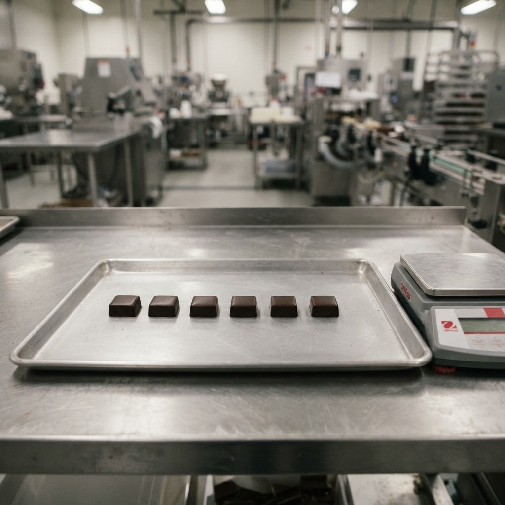 Six small tempered chocolate samples in a row on a stainless steel tray beside a laboratory scale