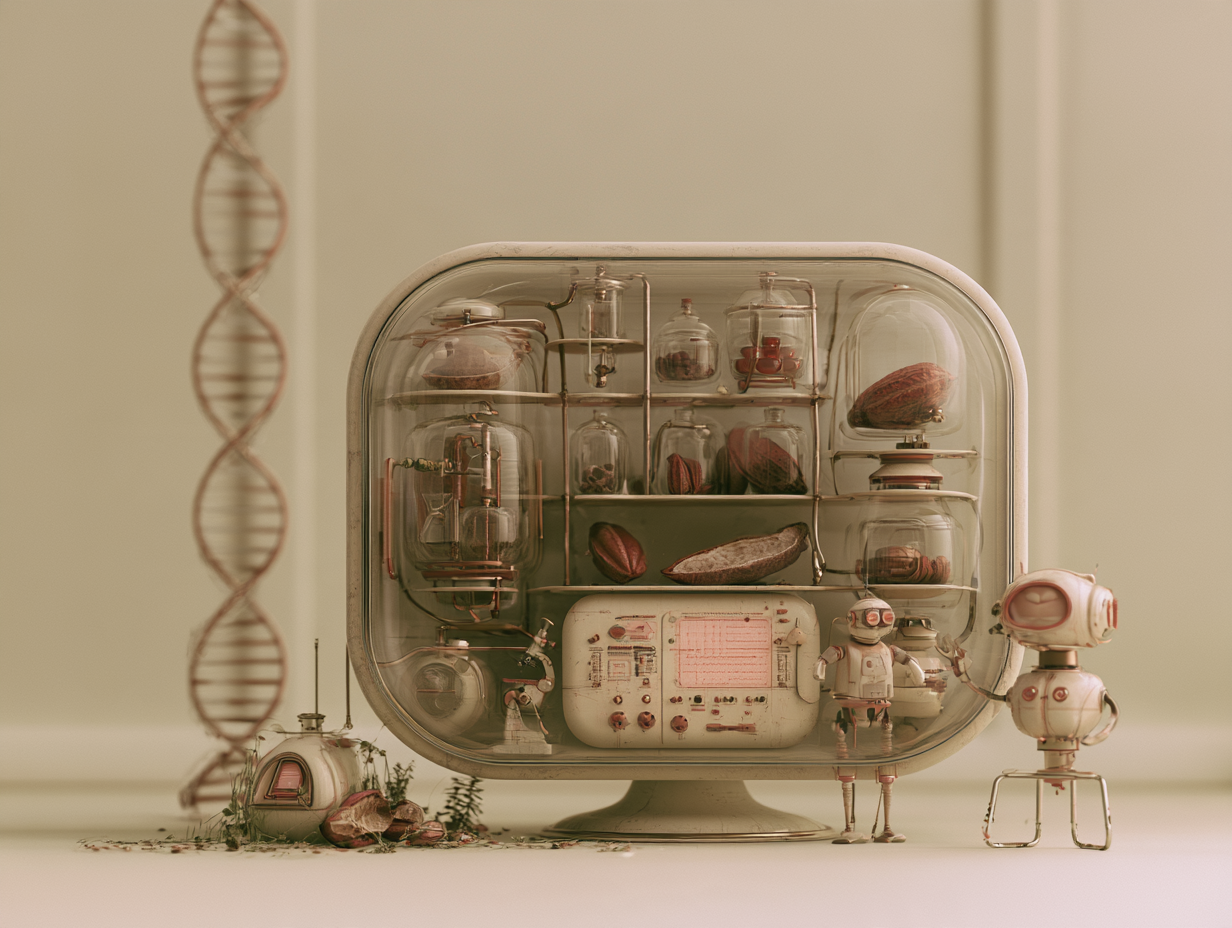 A retro-futurist glass cabinet of cacao pods, apparatus, and small figures in soft daylight