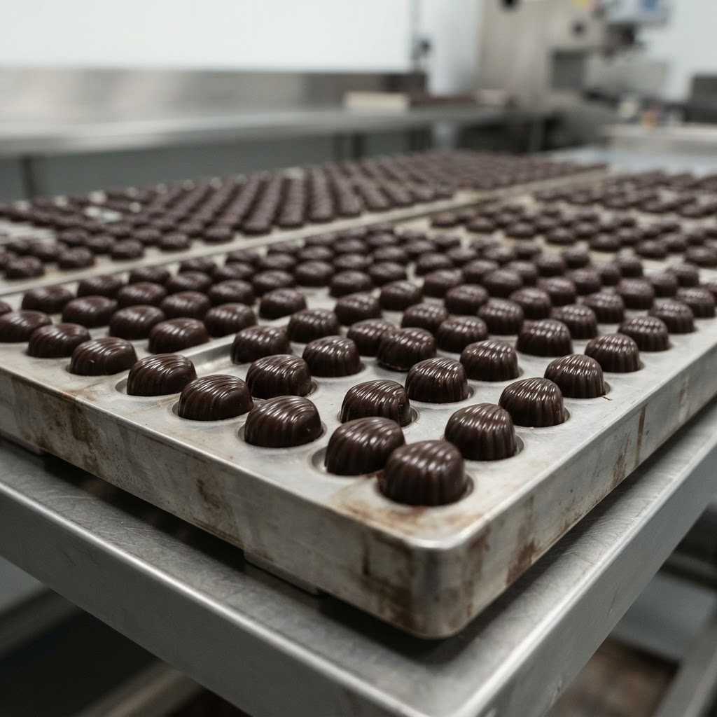 Rows of glossy shell-moulded chocolate bonbons in a large stainless steel mould