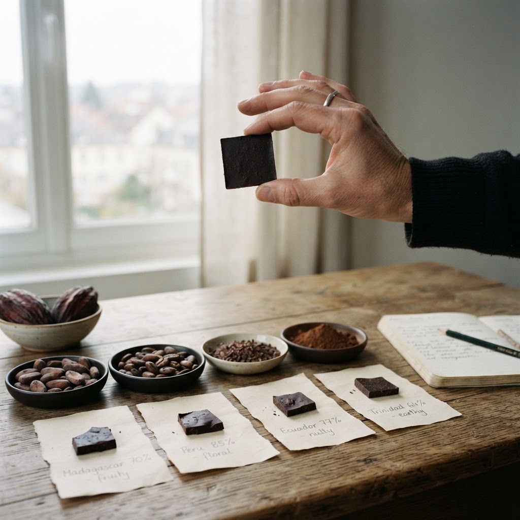 A hand holding a single dark chocolate square up to soft window light above a wooden table of cacao samples and handwritten notes