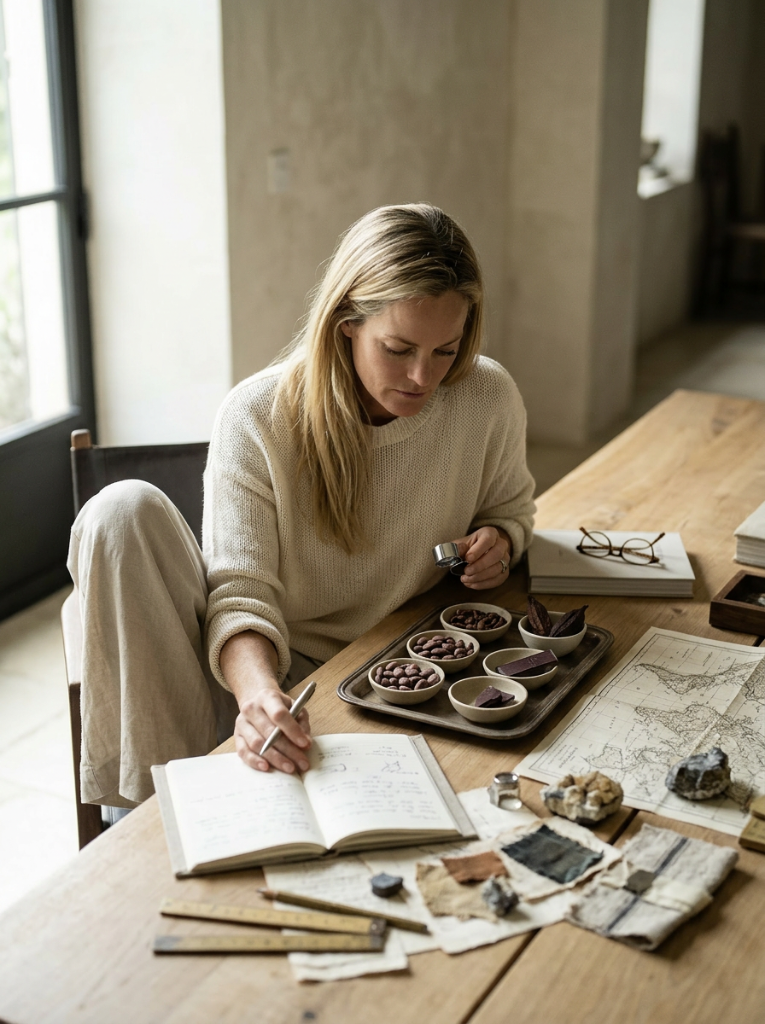 A chocolate maker writing in an open notebook beside a tray of small bowls holding cacao beans and chocolate samples, with books, maps, and fabric swatches in soft natural light