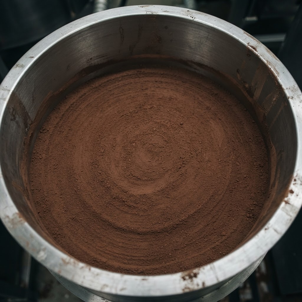 Cocoa powder with a smooth swept surface in a large stainless steel mixing vessel