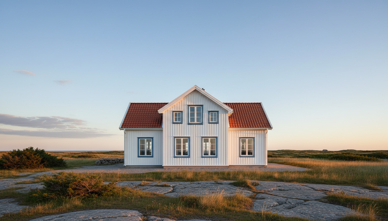 Ren vit svensk villa på Öland i solnedgång