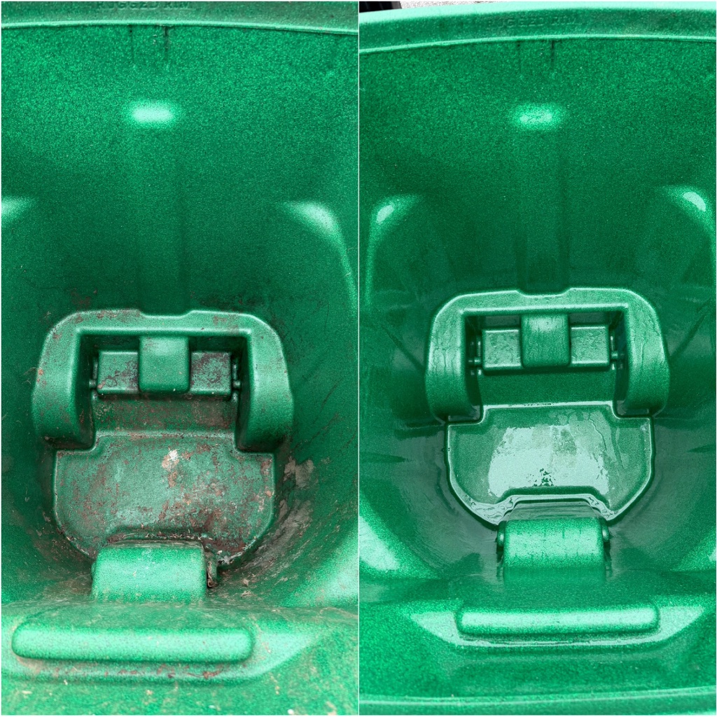 Buckin Bins before and after — dirty vs steam-cleaned trash bin