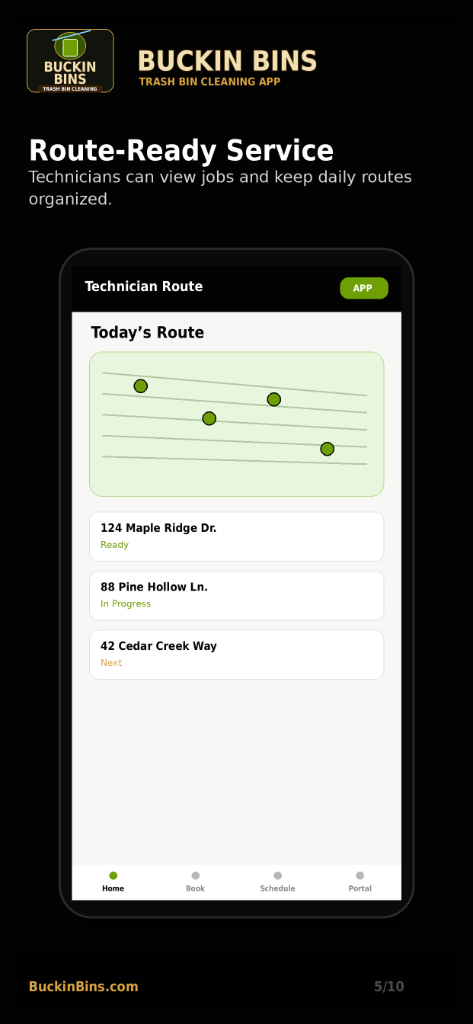 Buckin' Bins mobile app showing service schedule