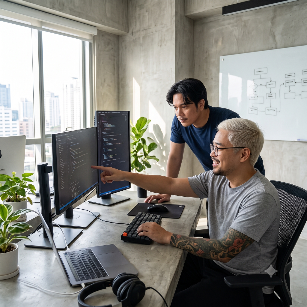 Developers collaborating on a digital product on screen