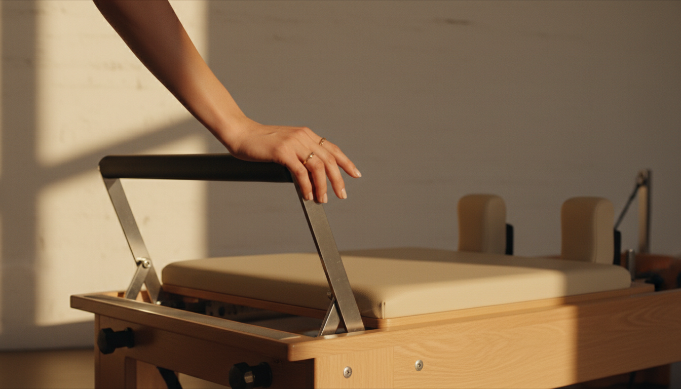 Pilates reformer detail in a luxury wellness studio