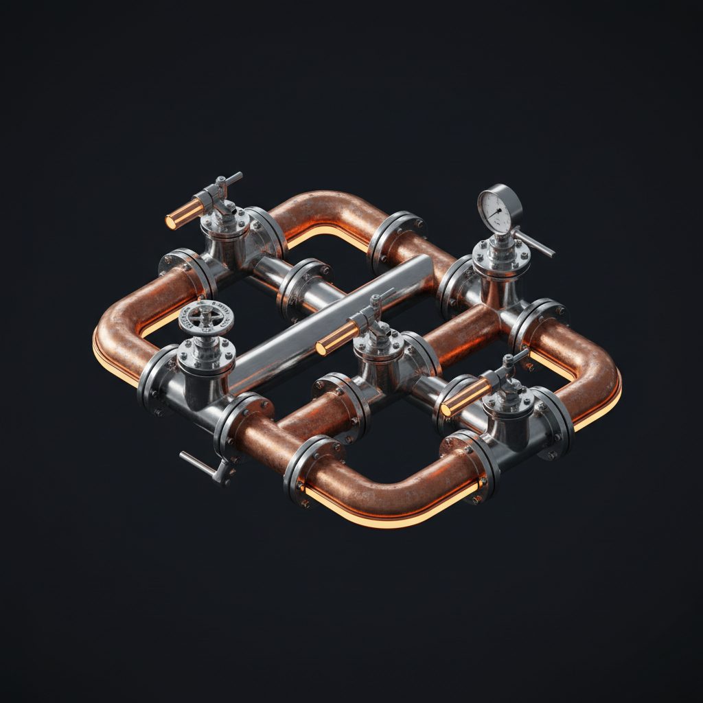 Geometric chrome and copper plumbing pipe network with precision fittings