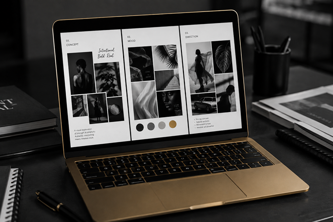 Digital mood board on a gold laptop — concept, mood and direction