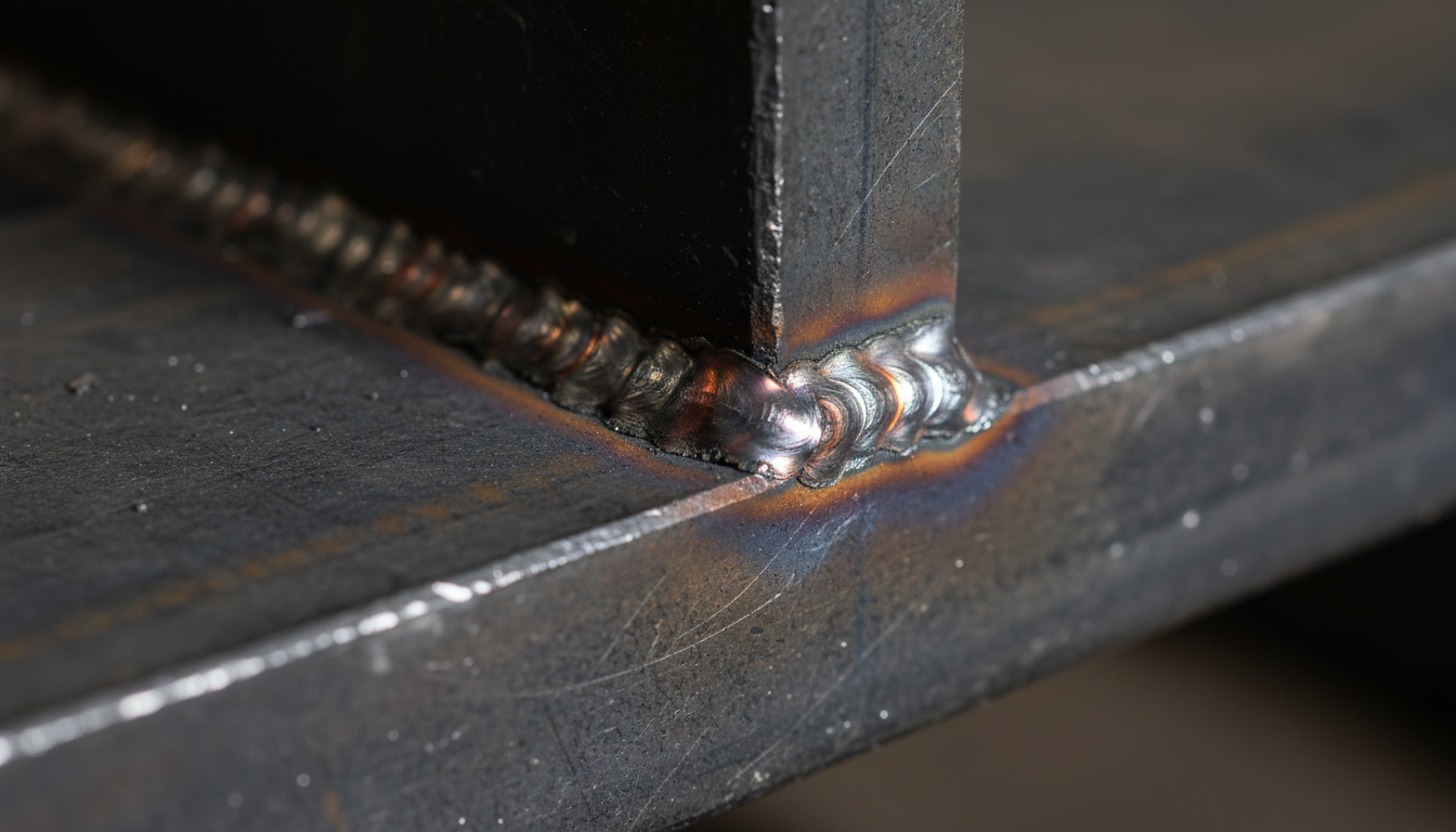 Close-up of MIG welding bead on structural I-beam