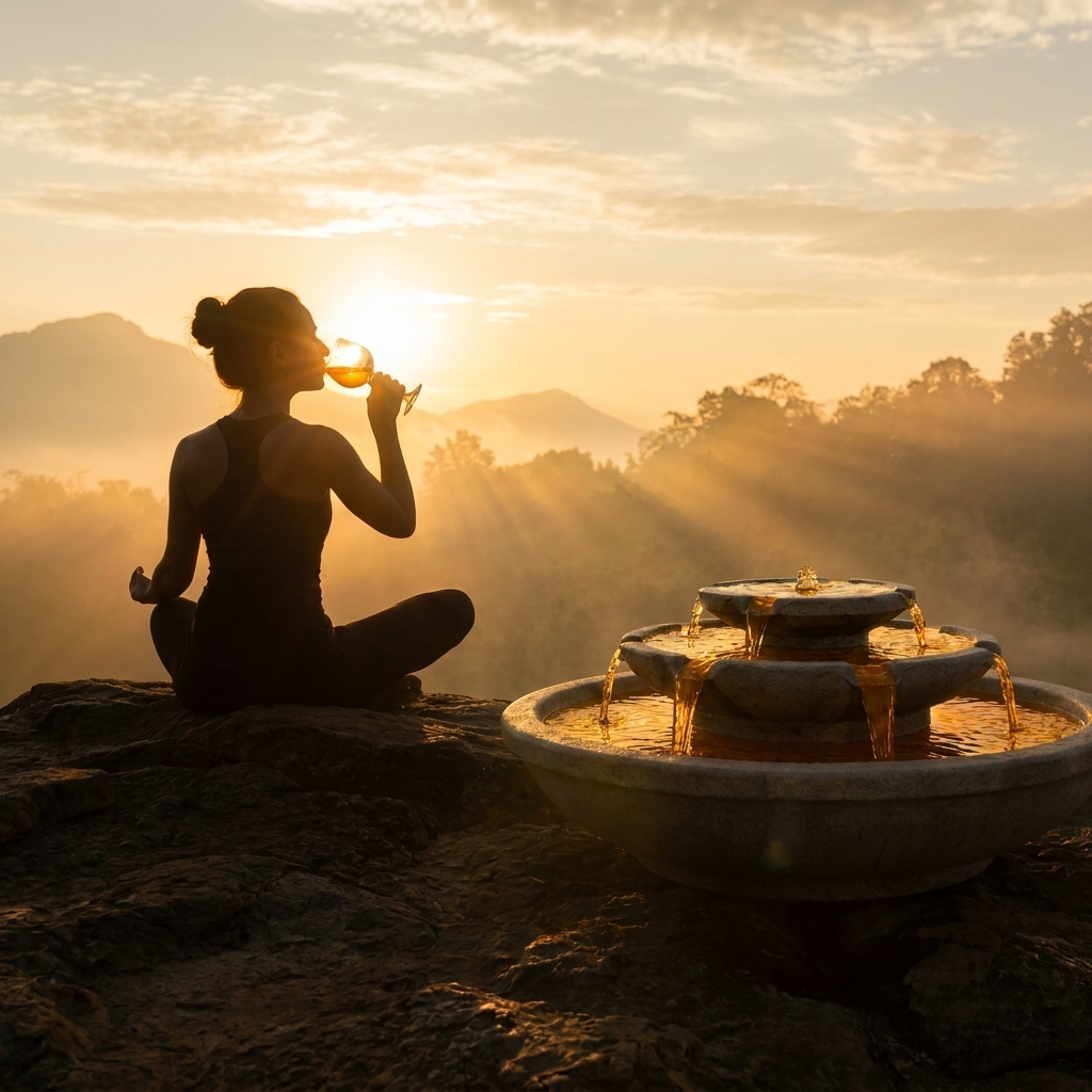 Golden hour โ a person in lotus pose drinking from a glass beside a glowing fountain