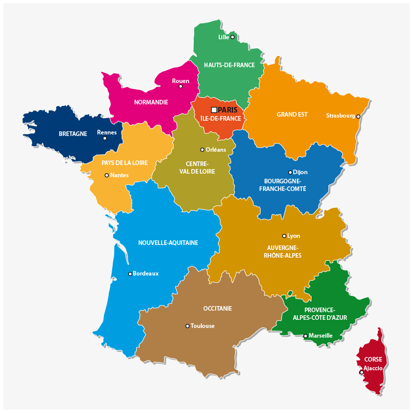 Carte administrative de France avec les régions et villes couvertes par Kaiseo
